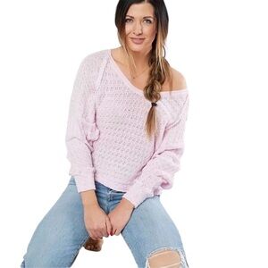 Free People We The Free Pink Thiens Hacci Boho Frayed Knit Sweater Oversized M